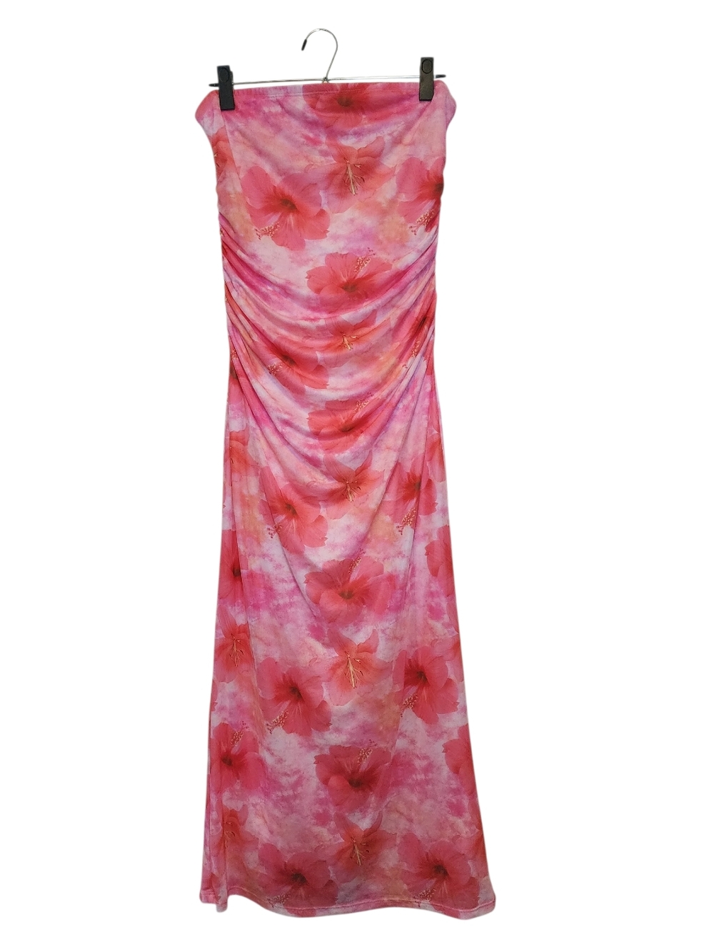 Madden Girl Pink Tropical Hibiscus Ruched Maxi Dress -XL